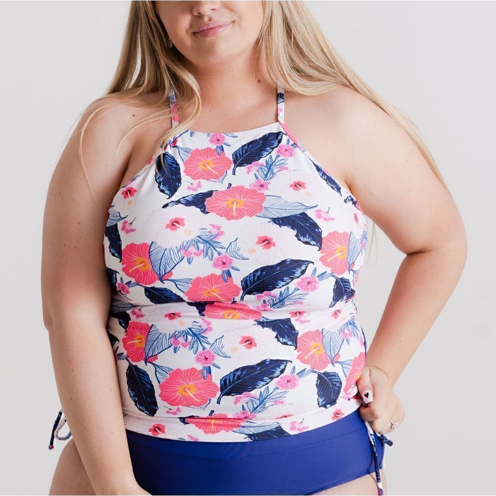 NWT Tankini Midrise Bikini Swimsuit Set Pink Blue Floral - Picture 2 of 16